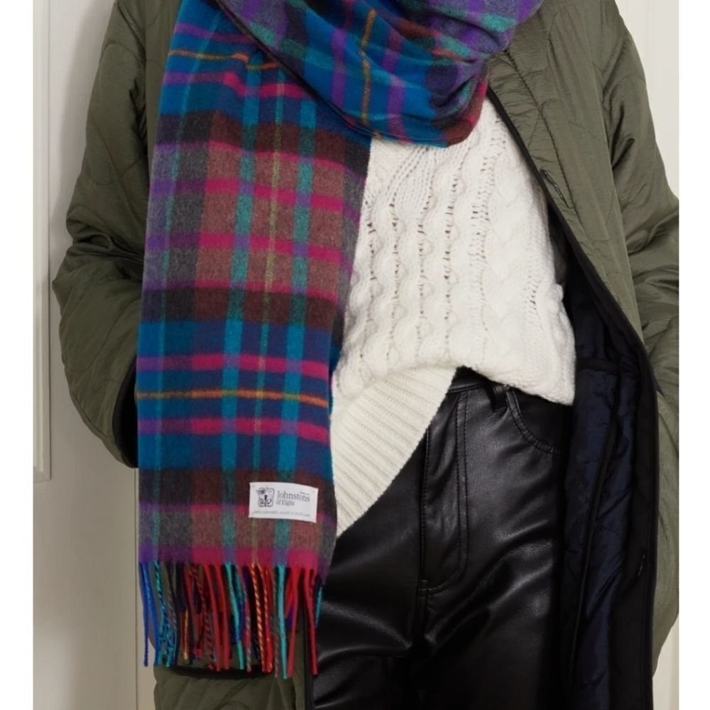 johnstons of Elgin Merino Wool and Angora Purple Tartan Fringed Scarf - Picture 4 of 5